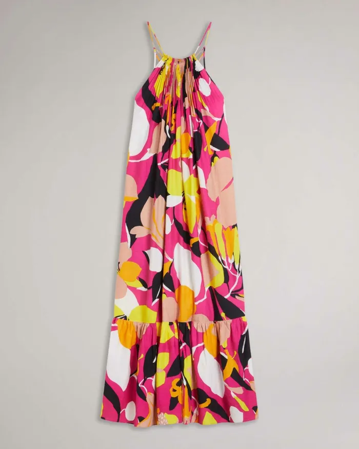 Abstract Print Pleated Halter Maxi Dress Bright Pink Women Ted Baker Clothing