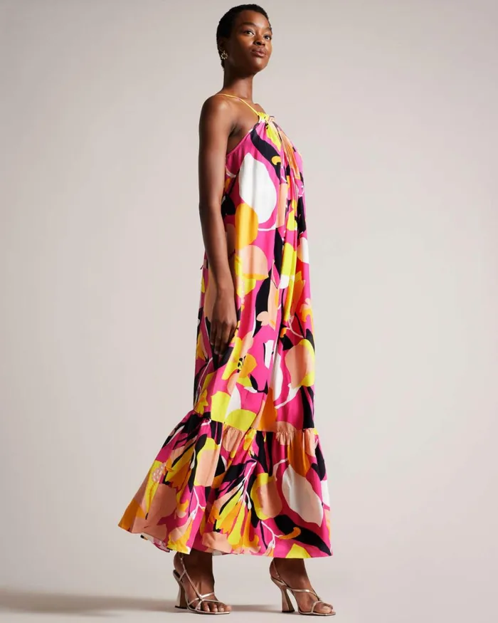 Abstract Print Pleated Halter Maxi Dress Bright Pink Women Ted Baker Clothing Abstract Print Pleated Halter Maxi Dress Bright Pink Women Ted Baker Clothing