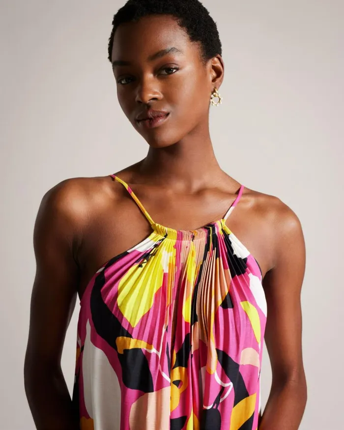 Abstract Print Pleated Halter Maxi Dress Bright Pink Women Ted Baker Clothing Abstract Print Pleated Halter Maxi Dress Bright Pink Women Ted Baker Clothing