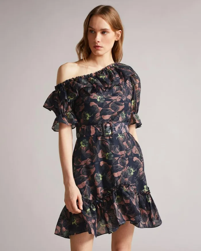 Asymmetric Cold Shoulder Ruffle Mini Dress Navy Women Ted Baker Dresses