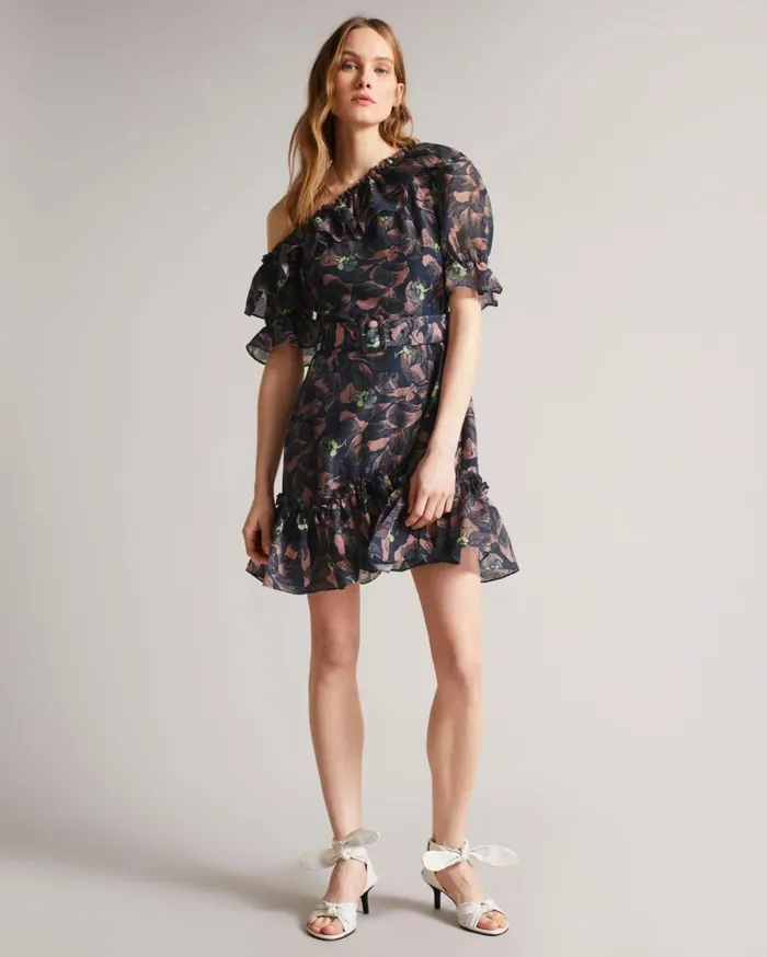 Asymmetric Cold Shoulder Ruffle Mini Dress Navy Women Ted Baker Dresses