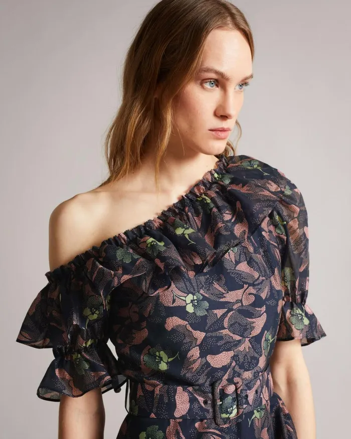 Asymmetric Cold Shoulder Ruffle Mini Dress Navy Women Ted Baker Dresses