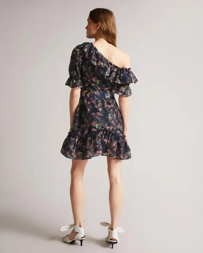 Asymmetric Cold Shoulder Ruffle Mini Dress Navy Women Ted Baker Dresses