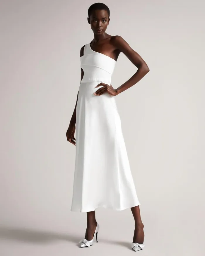 Asymmetric Knit Bodice Dress With Satin Skirt White Women Ted Baker Dresses Asymmetric Knit Bodice Dress With Satin Skirt White Women Ted Baker Dresses