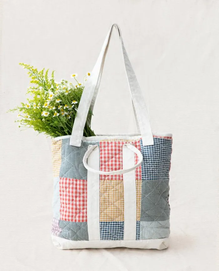 Bags Women039s The Great The Smaller Quilted Tote Cream With Multi Gingham