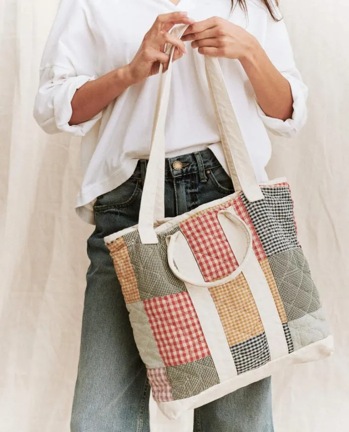 Bags Women039s The Great The Smaller Quilted Tote Cream With Multi Gingham