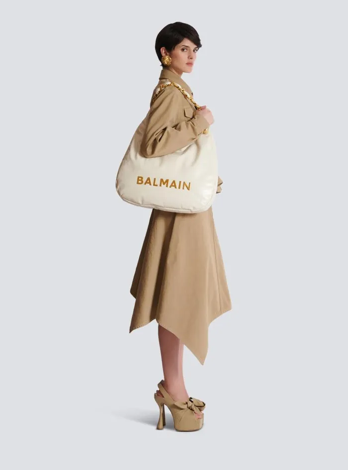 Balmain 1945 Bags Women 1945 Soft Hobo Bag In Embossed Crinkled Calfskin With A PB Labyrinth Monogram White