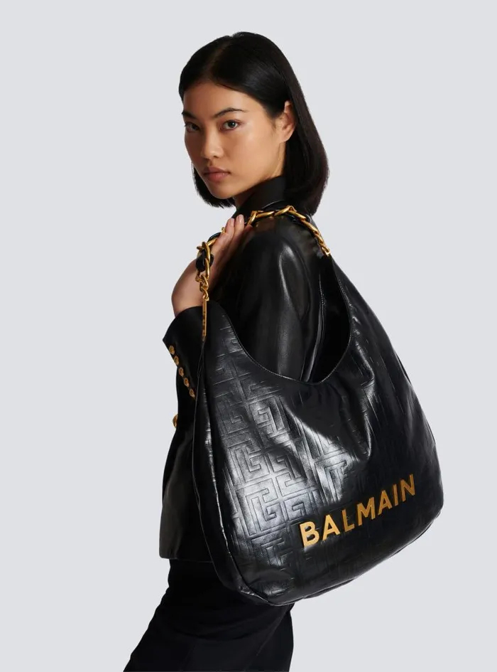 Balmain 1945 Bags Women Large 1945 Soft Hobo Bag In Crinkled Calfskin Black