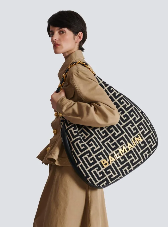 Balmain 1945 Bags Women Large 1945 Soft Hobo Bag In Jacquard Fabric With A PB Labyrinth Monogram Black
