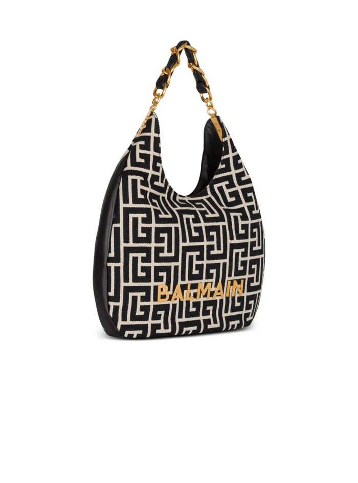 Balmain 1945 Bags Women Large 1945 Soft Hobo Bag In Jacquard Fabric With A PB Labyrinth Monogram Black