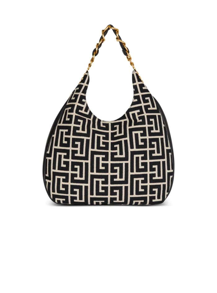 Balmain 1945 Bags Women Large 1945 Soft Hobo Bag In Jacquard Fabric With A PB Labyrinth Monogram Black