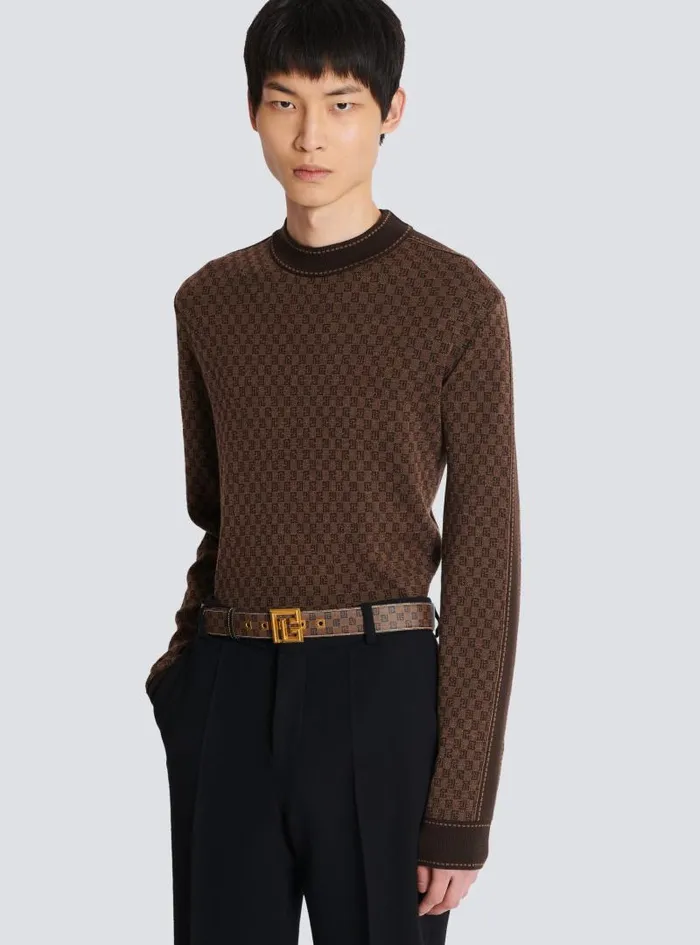 Balmain Belts Men Mini Monogrammed Waxed Canvas Belt Brown