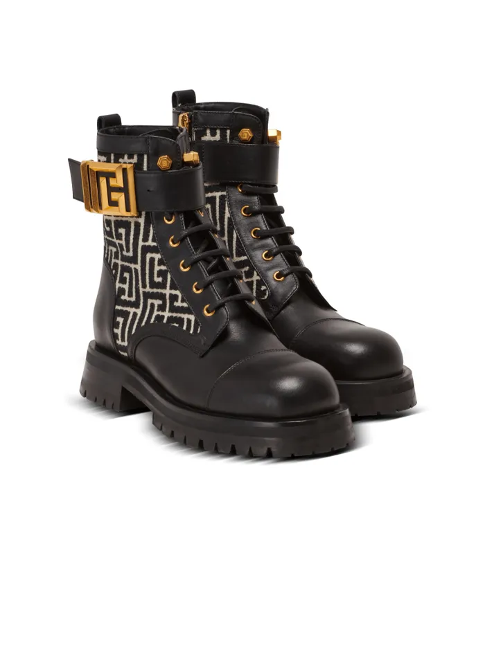Balmain Boots Women Charlie Monogram Jacquard And Leather Ranger Boots Black