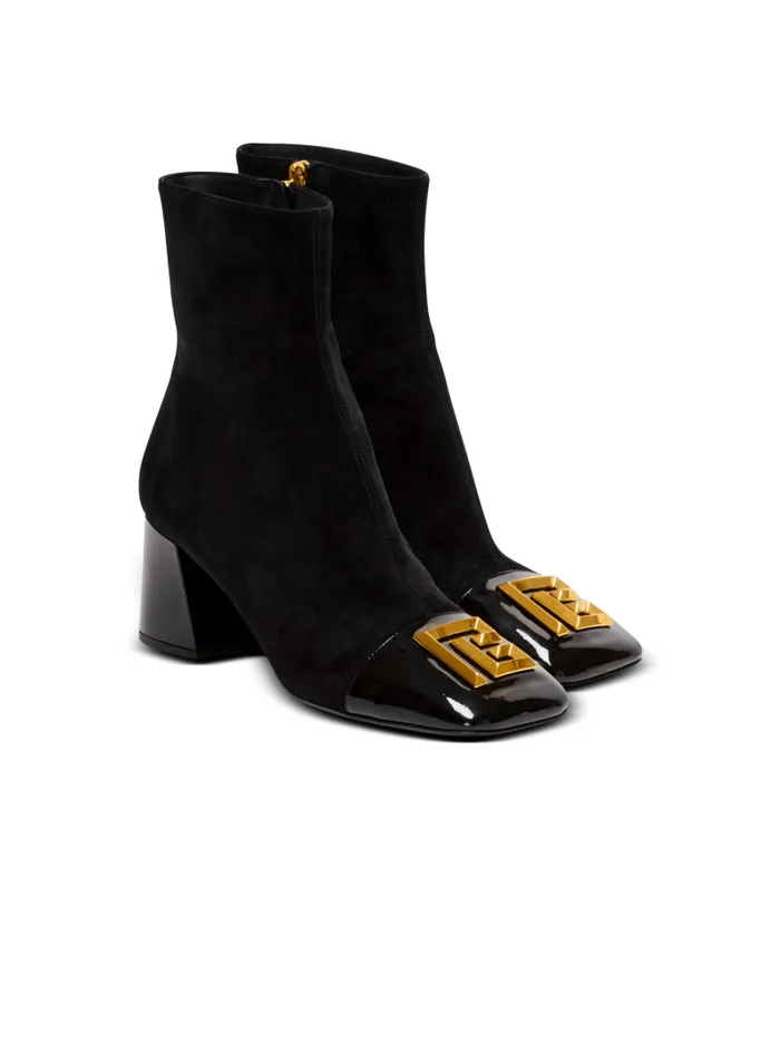 Balmain Boots Women Suede Edna Ankle Boots With Patent Leather Toes Black