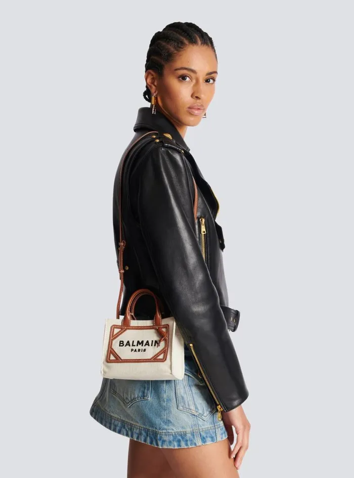 Balmain Crossbody Bags Women BArmy Mini Canvas Shopping Bag With Leather Inserts Brown