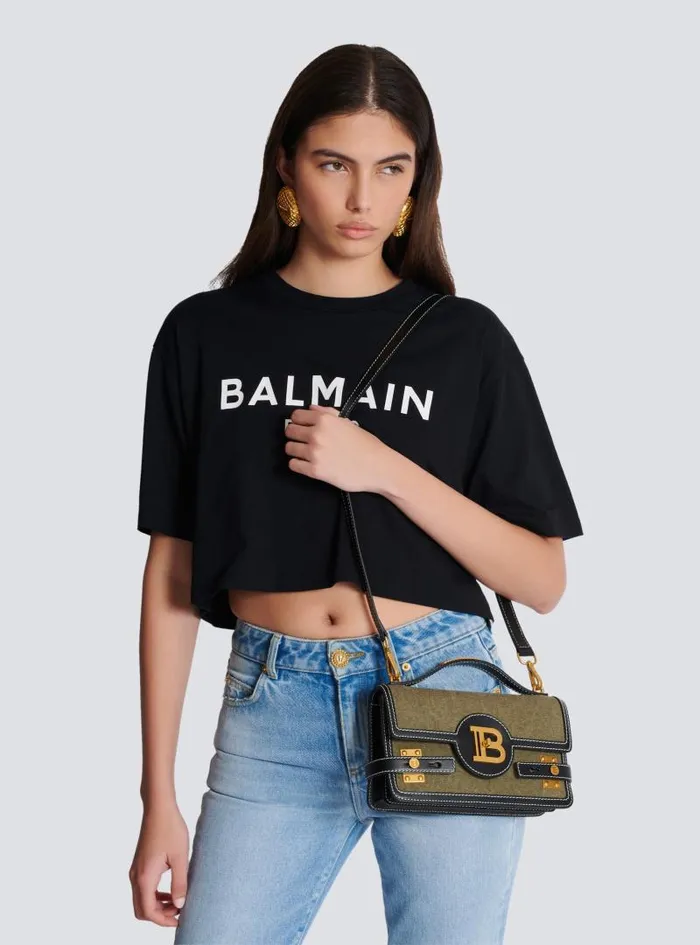 Balmain Crossbody Bags Women BBuzz Shoulder 24 Leather And Canvas Bag Khaki