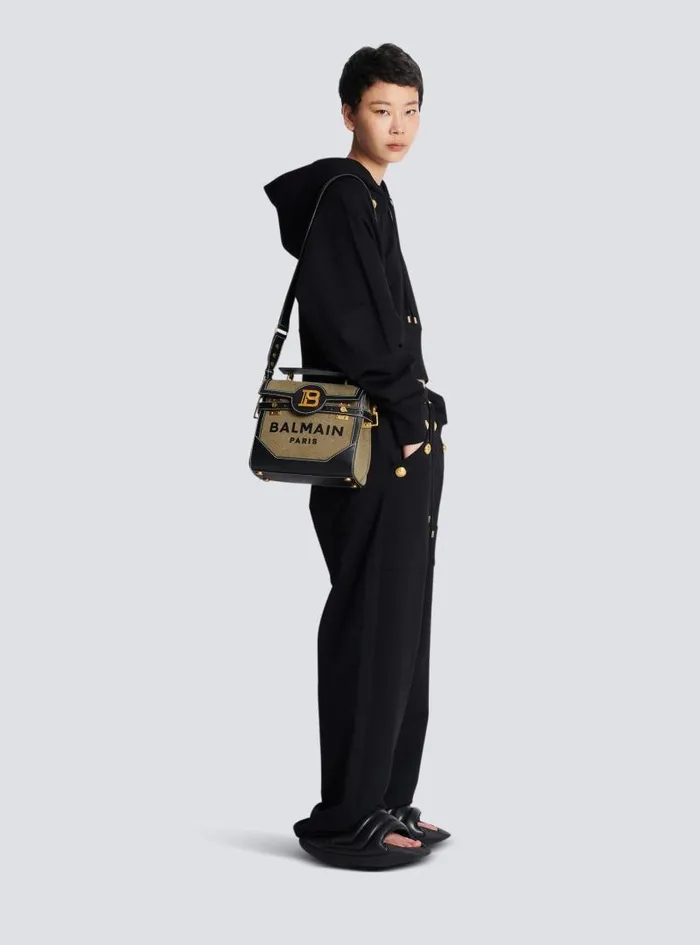 Balmain Crossbody Bags Women Canvas BBuzz 23 Bag With Leather Panels Khaki