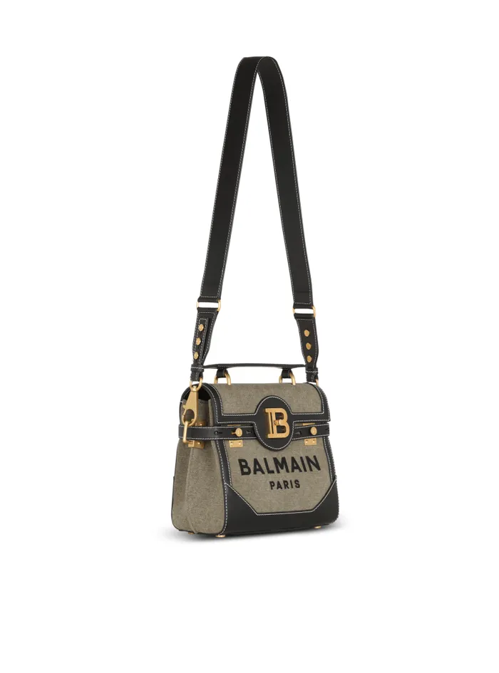 Balmain Crossbody Bags Women Canvas BBuzz 23 Bag With Leather Panels Khaki