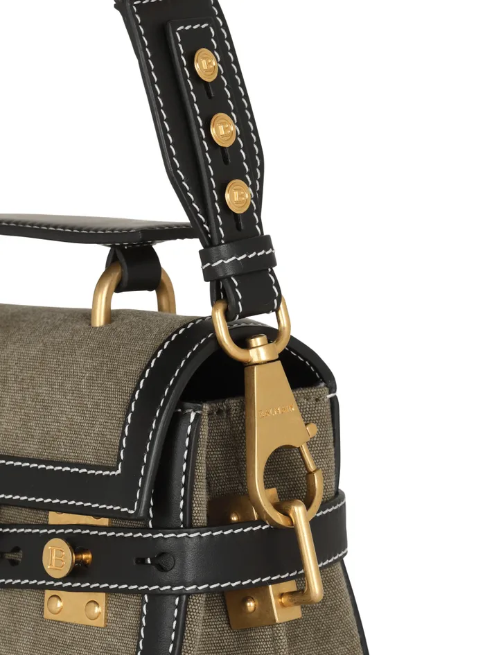 Balmain Crossbody Bags Women Canvas BBuzz 23 Bag With Leather Panels Khaki