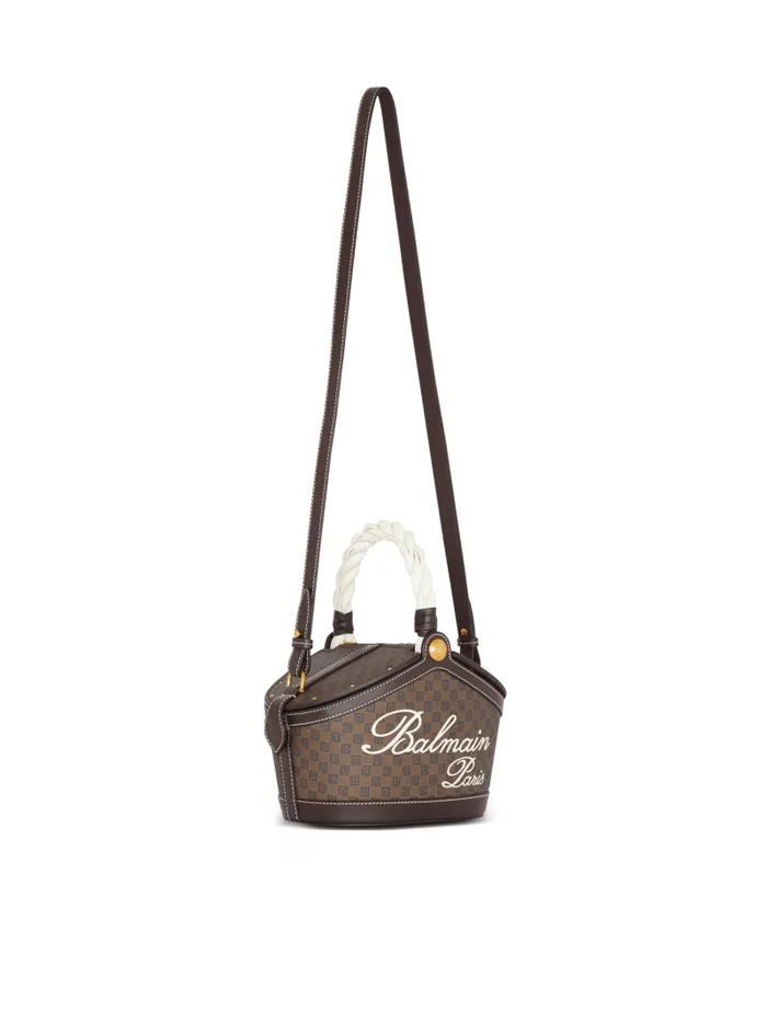 Balmain Crossbody Bags Women Monogram Canvas And Leather Bucket Bag Brown