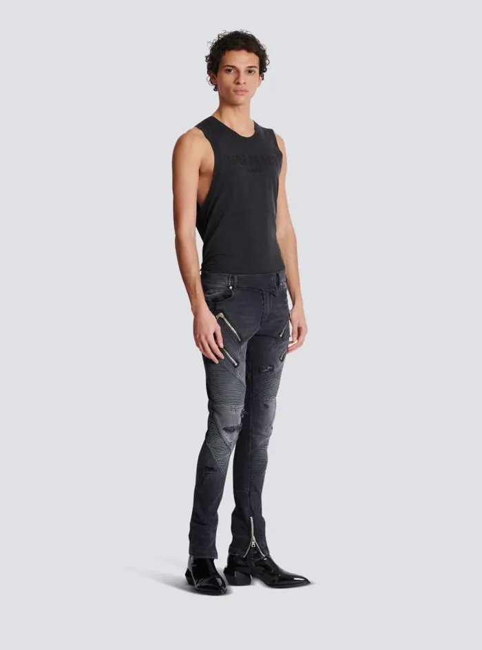 Balmain Denim Men Biker Jeans In Faded Denim Black