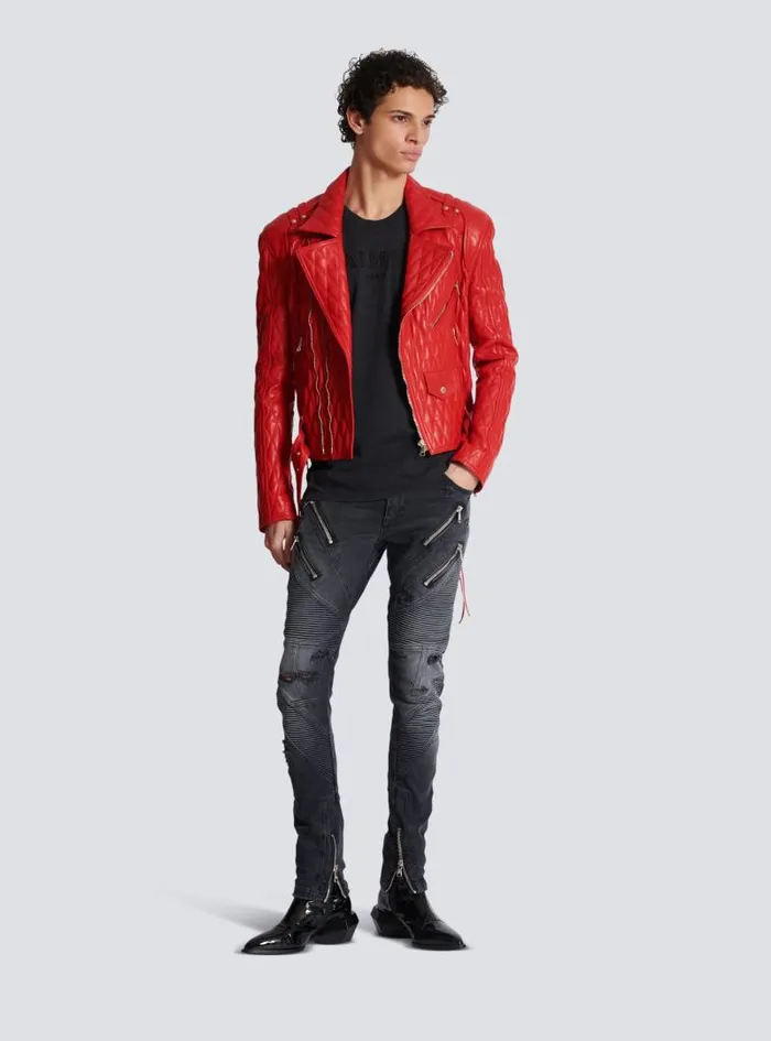 Balmain Denim Men Biker Jeans In Faded Denim Black