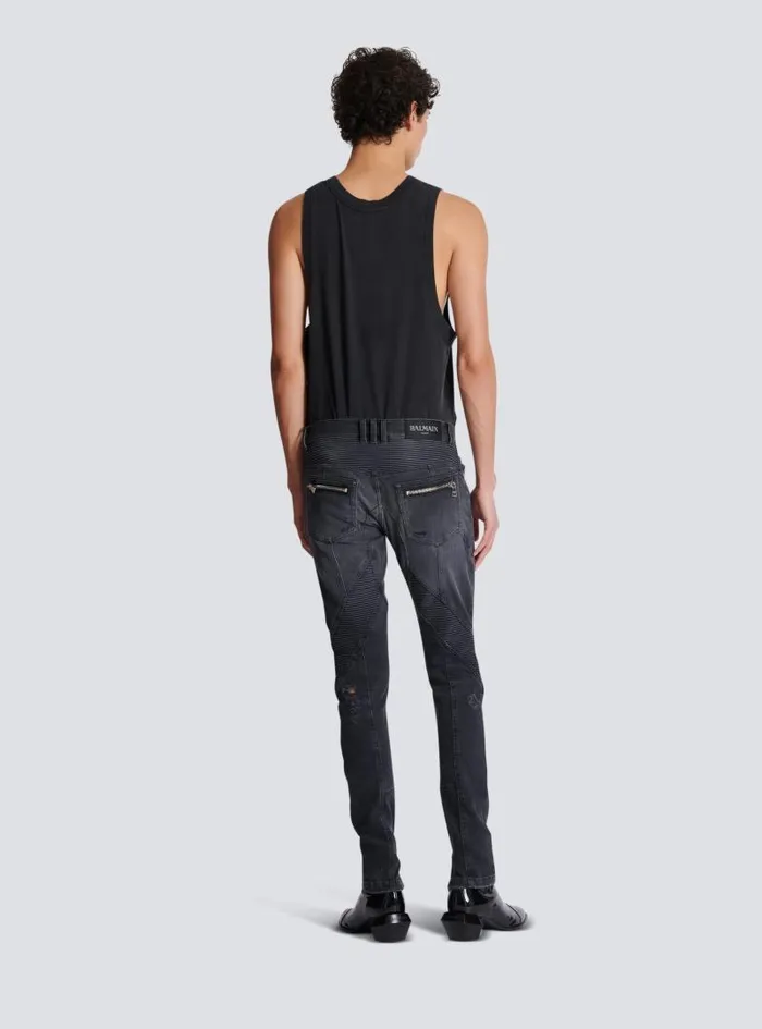 Balmain Denim Men Biker Jeans In Faded Denim Black