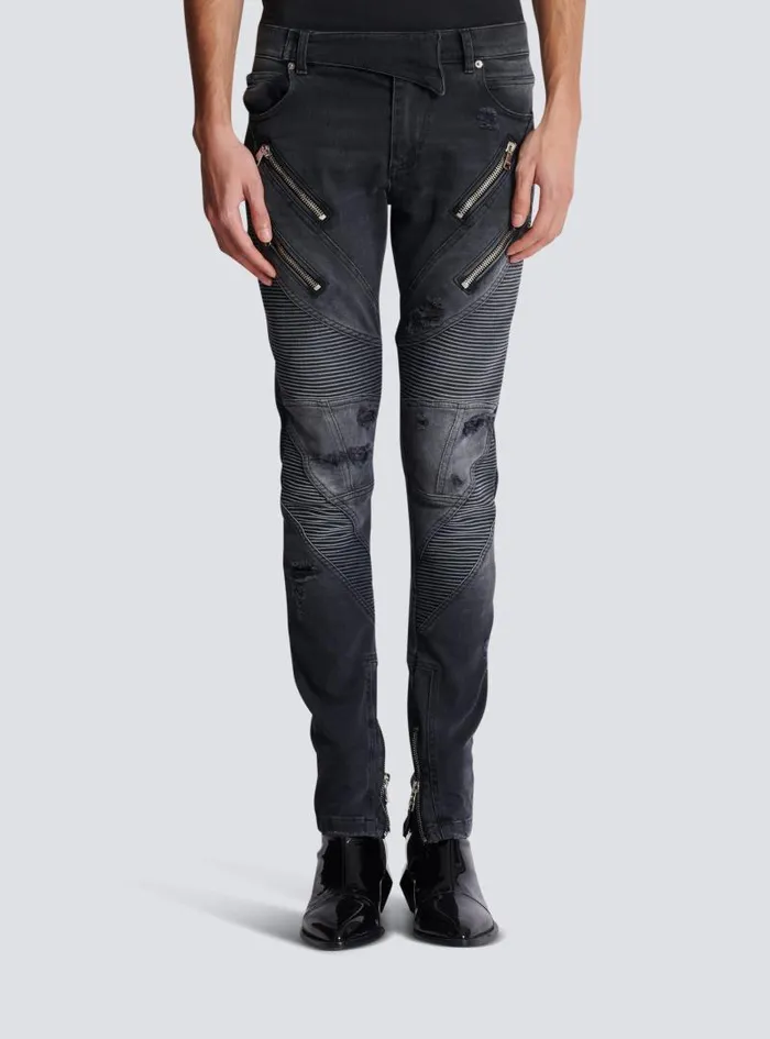 Balmain Denim Men Biker Jeans In Faded Denim Black