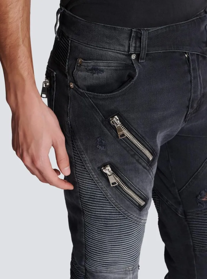 Balmain Denim Men Biker Jeans In Faded Denim Black