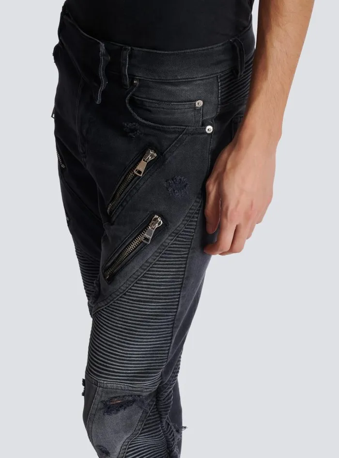 Balmain Denim Men Biker Jeans In Faded Denim Black