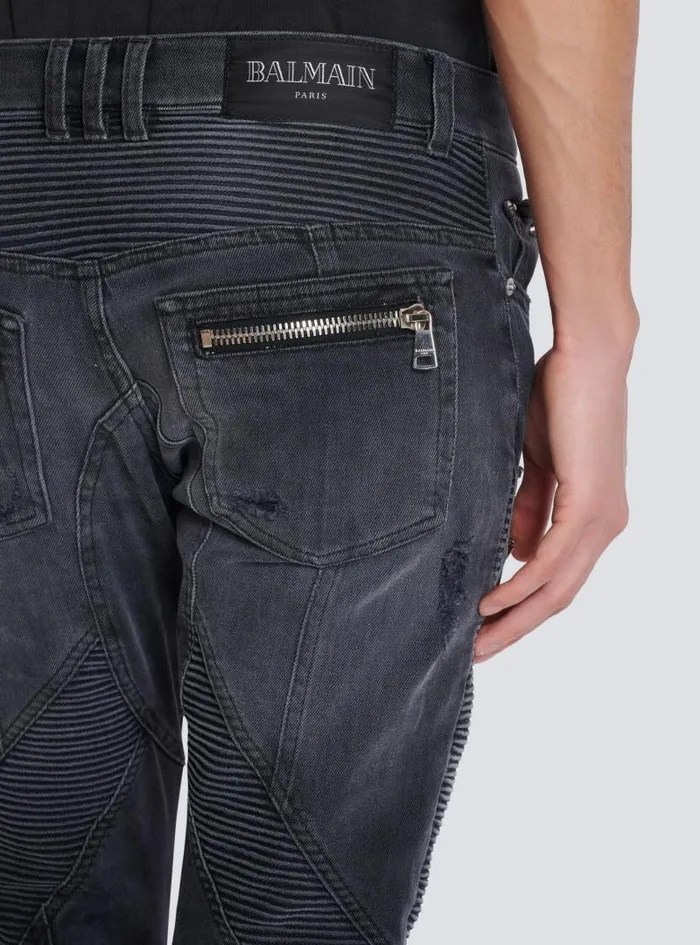Balmain Denim Men Biker Jeans In Faded Denim Black
