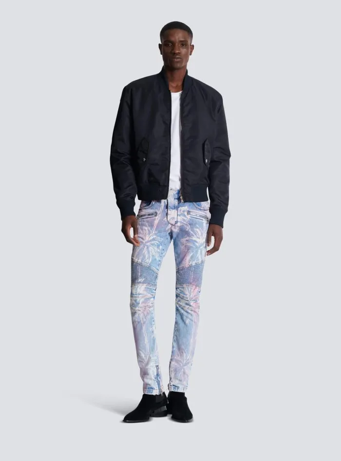 Balmain Denim Men Denim Biker Jeans With A Palm Tree Print Blue