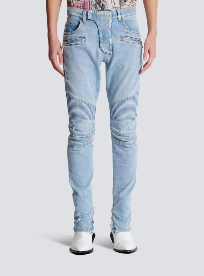 Balmain Denim Men Light Blue Denim Biker Jeans Blue
