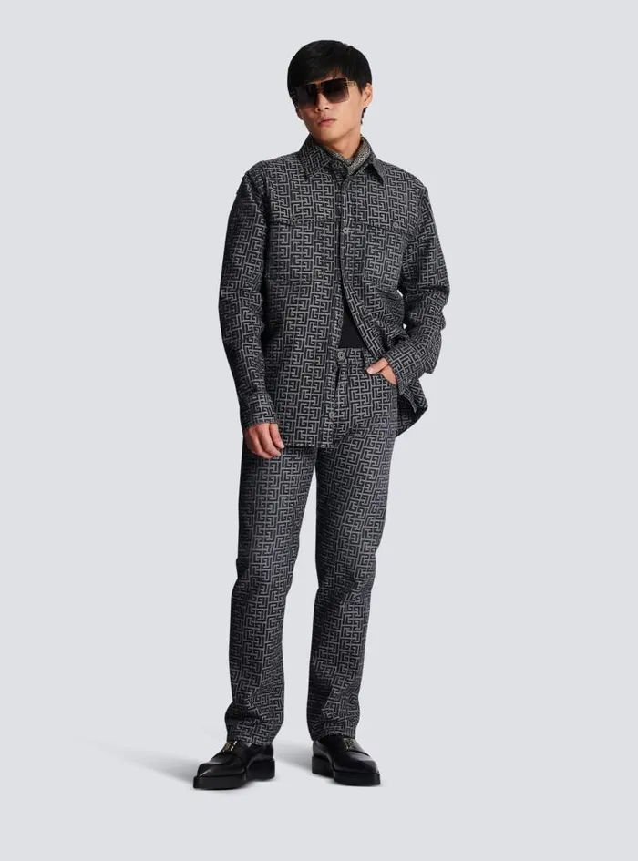 Balmain Denim Men Monogrammed Jacquard Denim Jeans Black