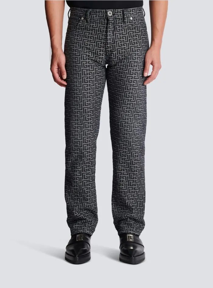 Balmain Denim Men Monogrammed Jacquard Denim Jeans Black