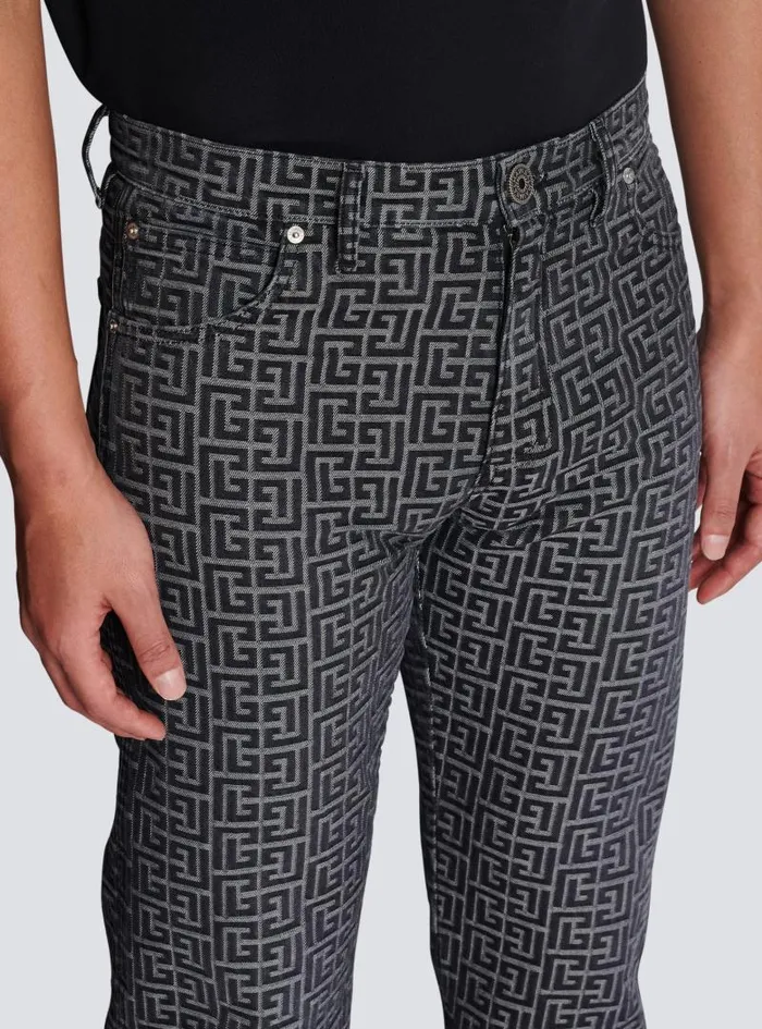 Balmain Denim Men Monogrammed Jacquard Denim Jeans Black