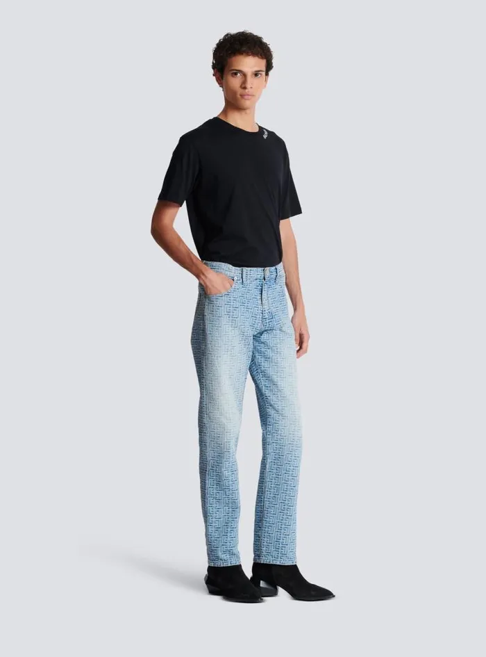 Balmain Denim Men Monogrammed Jacquard Denim Jeans Blue
