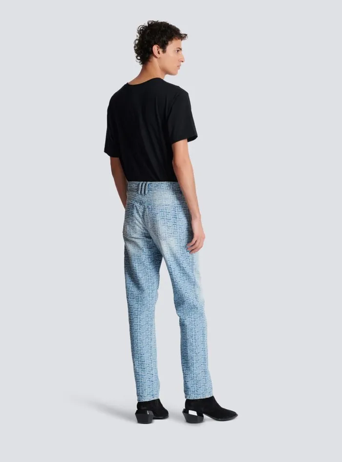 Balmain Denim Men Monogrammed Jacquard Denim Jeans Blue