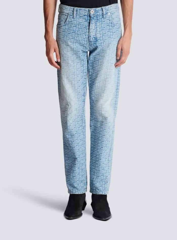 Balmain Denim Men Monogrammed Jacquard Denim Jeans Blue