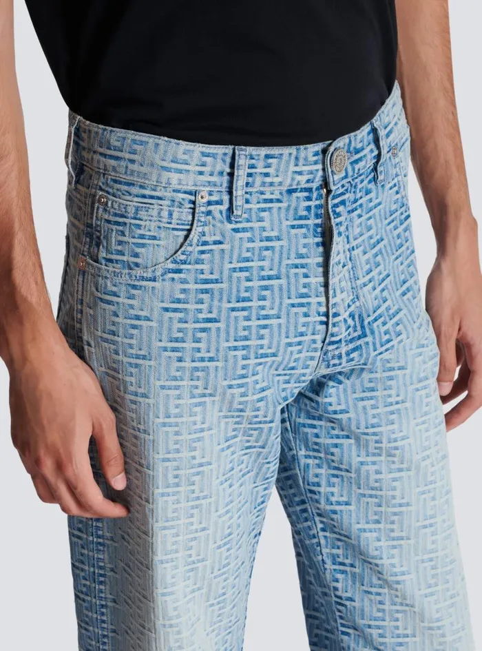 Balmain Denim Men Monogrammed Jacquard Denim Jeans Blue