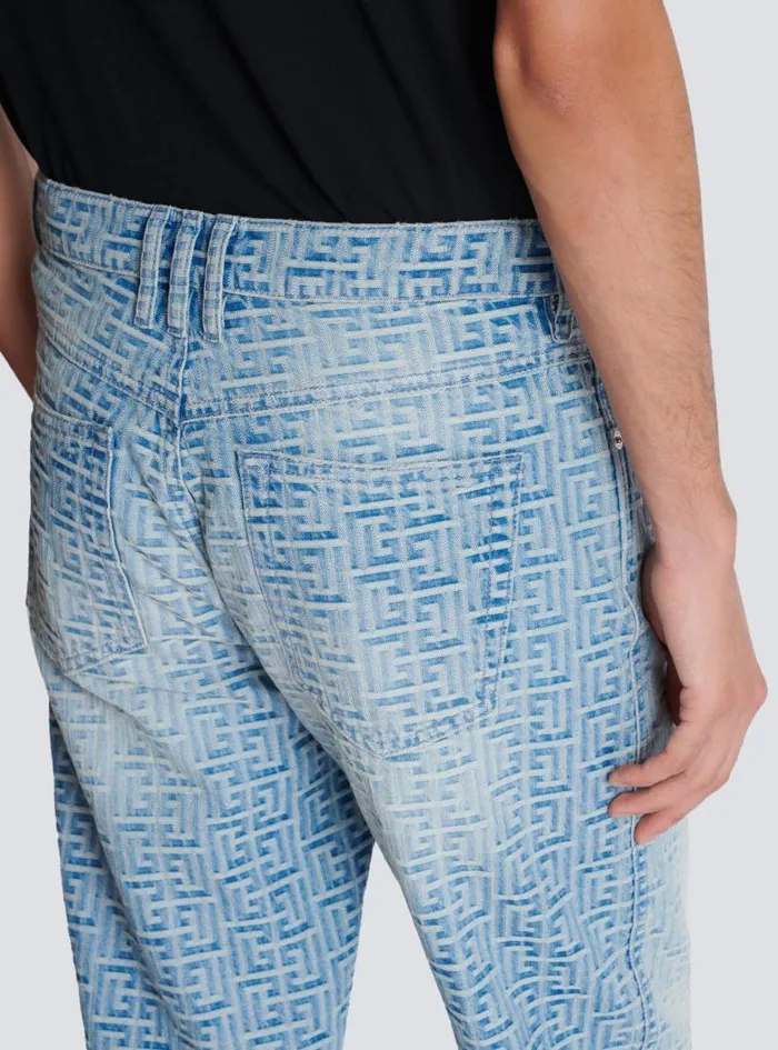 Balmain Denim Men Monogrammed Jacquard Denim Jeans Blue