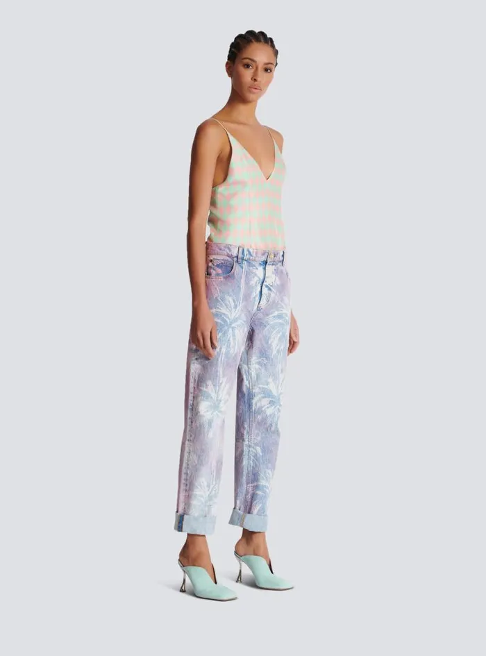 Balmain Denim Women Palm Tree Denim Boyfriend Jeans Blue