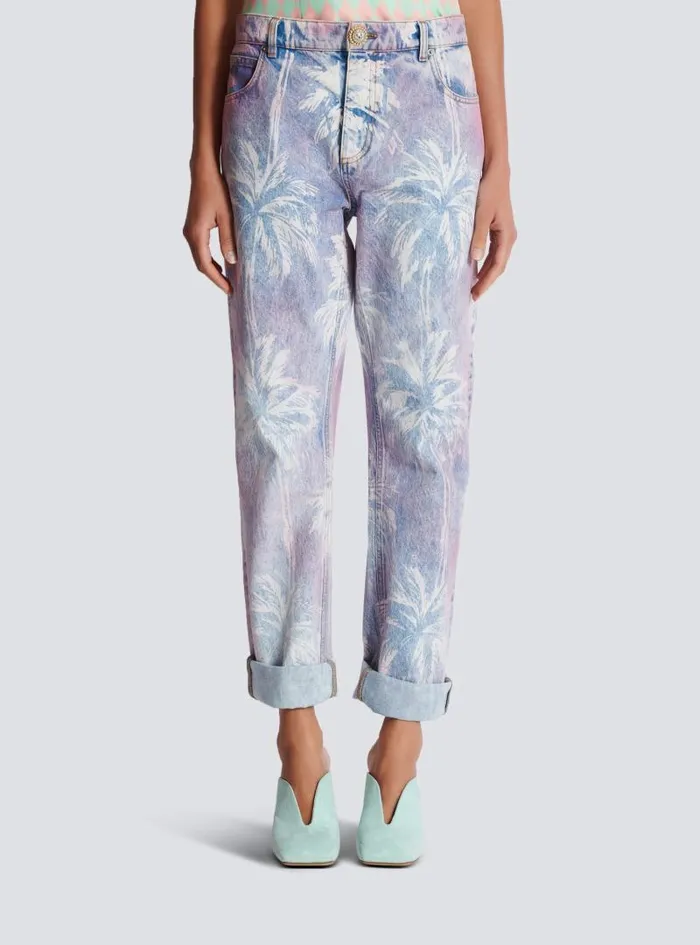 Balmain Denim Women Palm Tree Denim Boyfriend Jeans Blue