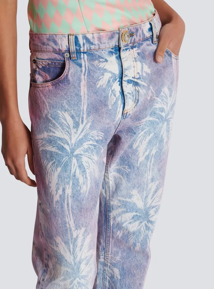 Balmain Denim Women Palm Tree Denim Boyfriend Jeans Blue