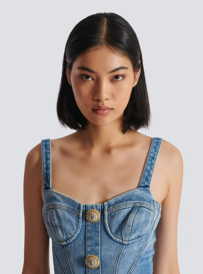 Balmain Dresses Women Buttoned Short Denim Dress Blue