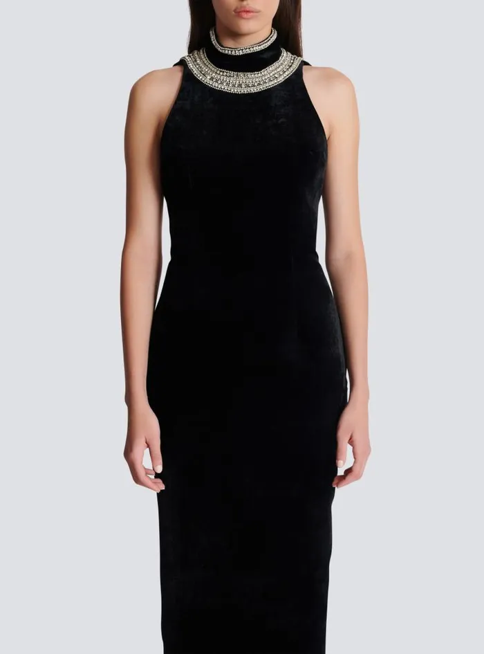 Balmain Dresses Women Embroidered Velvet Halterneck Dress Black