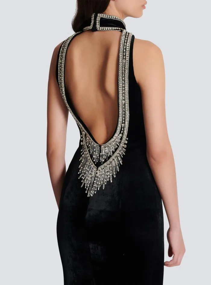 Balmain Dresses Women Embroidered Velvet Halterneck Dress Black