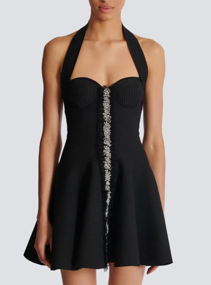 Balmain Dresses Women Flared Halterneck Knit Dress Black