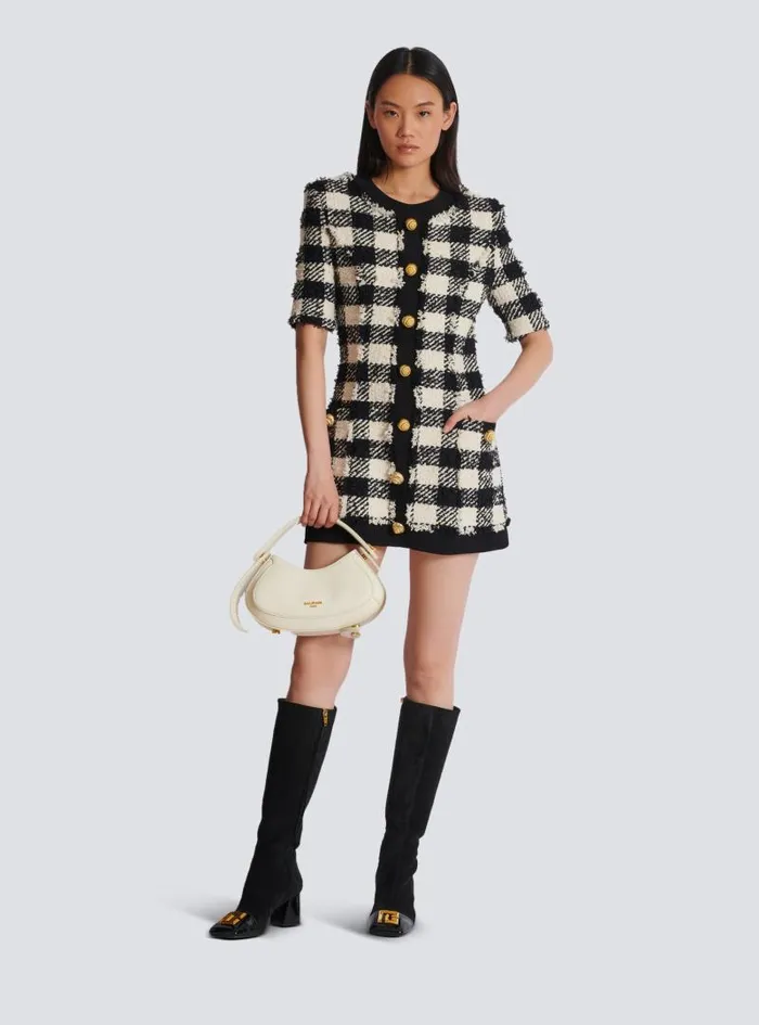 Balmain Dresses Women Gingham Tweed And Crepe Dress Black