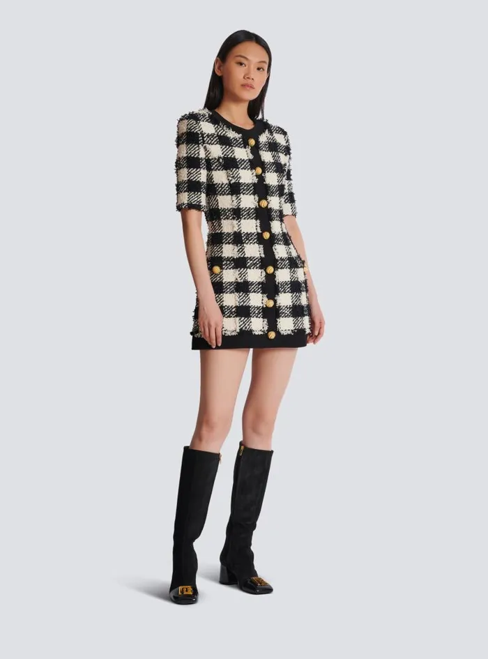 Balmain Dresses Women Gingham Tweed And Crepe Dress Black
